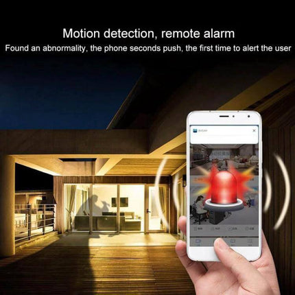 Mini 1080P WiFi IP Camera for Remote Home Monitoring showing motion detection alert on smartphone for night home security