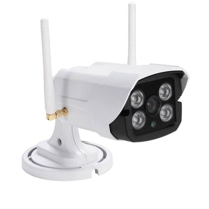 WiFi Outdoor Security Camera for Home Monitoring and Alerts - white outdoor camera with dual antennas, motion detection LEDs and adjustable mounting bracket