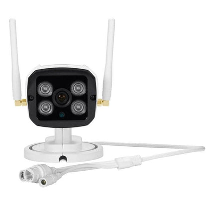 WiFi Outdoor Security Camera for Home Monitoring and Alerts — white outdoor WiFi camera with dual antennas, IR LEDs and wired connectors for driveway or backyard surveillance