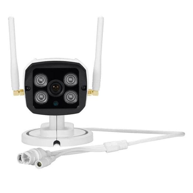 WiFi Outdoor Security Camera for Home Monitoring and Alerts — white outdoor WiFi camera with dual antennas, IR LEDs and wired connectors for driveway or backyard surveillance