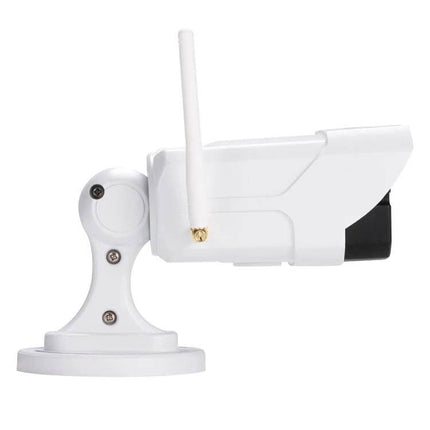 WiFi Outdoor Security Camera for Home Monitoring and Alerts mounted white outdoor camera with antenna monitoring driveway or backyard
