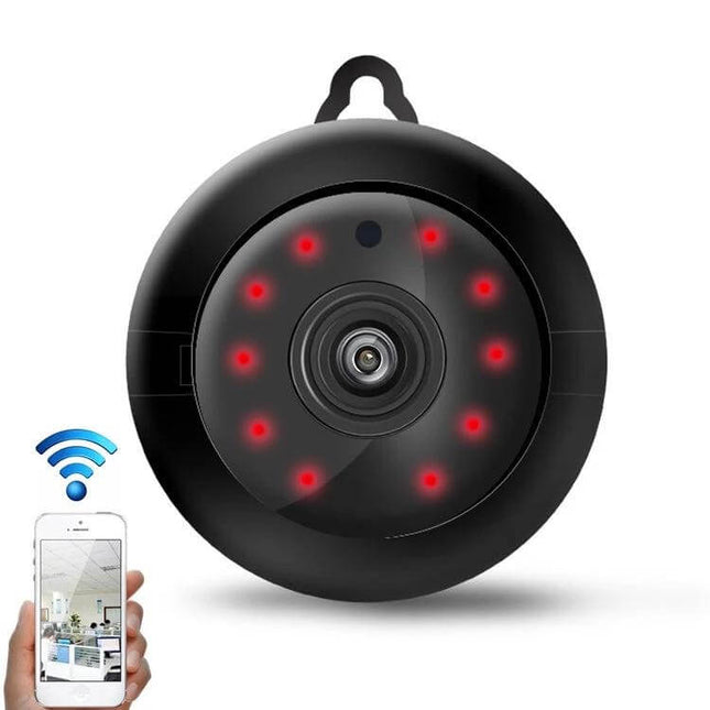 Wireless Home Security Camera for Remote Mobile Monitoring compact black dome camera with night LEDs and smartphone live feed alerts