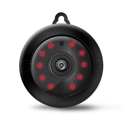 Wireless Home Security Camera for Remote Mobile Monitoring compact black round camera with red IR lights and wide-angle lens for home surveillance