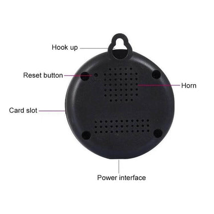 Wireless Home Security Camera for Remote Mobile Monitoring compact black round camera back showing hook up, reset button, card slot, horn and power interface