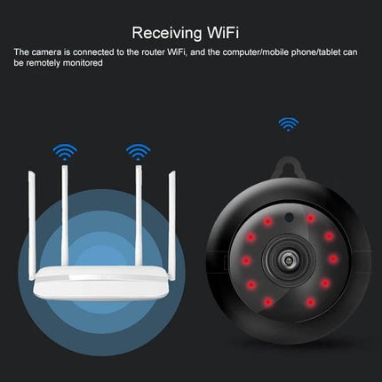 Wireless Home Security Camera for Remote Mobile Monitoring compact round camera showing WiFi connection to home router with mobile alerts