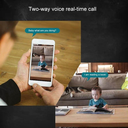 Wireless Home Security Camera for Remote Mobile Monitoring showing two-way real-time call with parent viewing toddler reading a book on smartphone