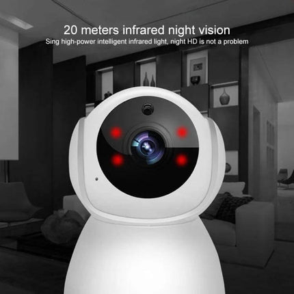 V380 Wireless Camera for Home Security and Monitoring showing night vision LEDs and lens in a living room setting