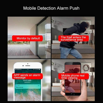 V380 Wireless Camera for Home Security and Monitoring showing mobile detection alarm push with thief alerted and real-time app viewing