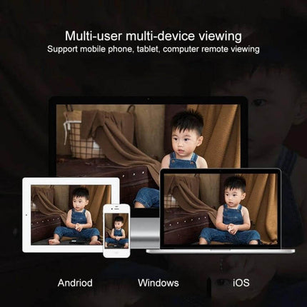 V380 Wireless Camera for Home Security and Monitoring showing multi-device remote viewing on smartphone, tablet and laptop with child monitoring