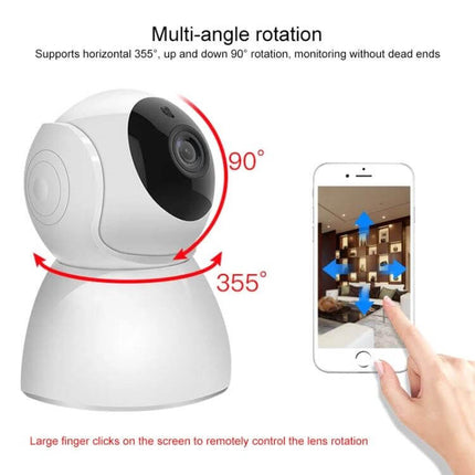 V380 Wireless Camera for Home Security and Monitoring - white pan/tilt camera with 355° horizontal and 90° vertical rotation shown beside smartphone remote control