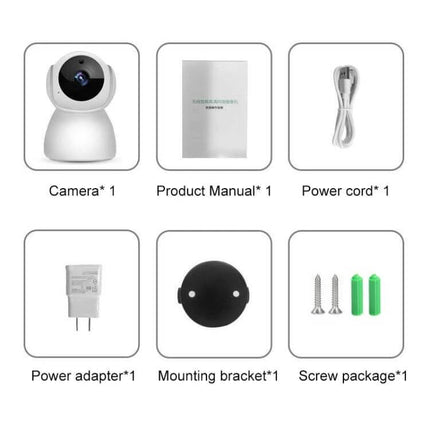 V380 Wireless Camera for Home Security and Monitoring — product kit showing camera, manual, power cord, adapter, mounting bracket, and screws