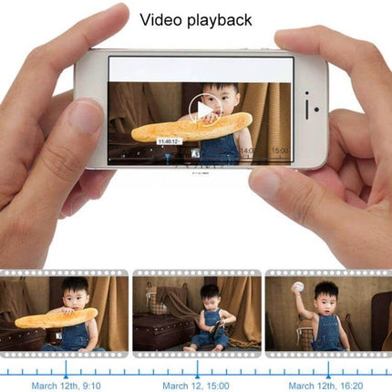V380 Wireless Camera for Home Security and Monitoring showing mobile app video playback of child with timeline thumbnails