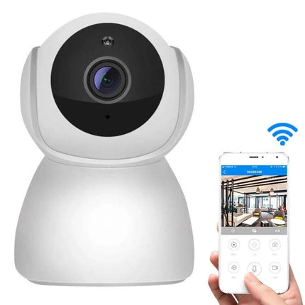 V380 Wireless Home Security Camera with Night Vision showing white wireless camera and mobile app remote view