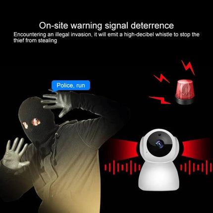 V380 Wireless Home Security Camera with Night Vision emitting on-site alarm deterring intruder, wireless night-vision home monitoring