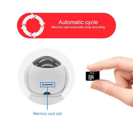 V380 Wireless Home Security Camera with Night Vision showing memory card slot and microSD card for automatic loop recording