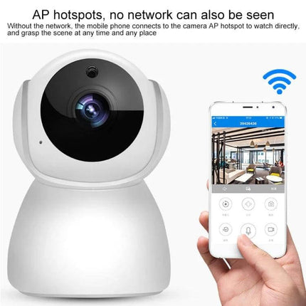 V380 Wireless Home Security Camera with Night Vision showing camera and mobile app live feed demonstrating wireless AP hotspot connection