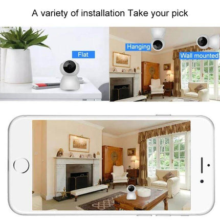 V380 Wireless Home Security Camera with Night Vision showing flat, hanging, and wall-mounted installation options in a living room