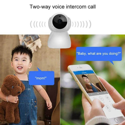 V380 Wireless Home Security Camera with Night Vision showing two-way voice intercom monitoring a child via mobile app