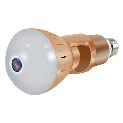 Panoramic Light Bulb Camera for Home Security Monitoring in warm gold finish showing lens and screw base