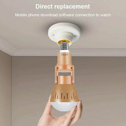 Panoramic Light Bulb Camera for Home Security Monitoring installed as direct-replacement bulb with smartphone app motion alerts