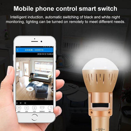 Panoramic Light Bulb Camera for Home Security Monitoring showing smartphone app live view and bulb in living room