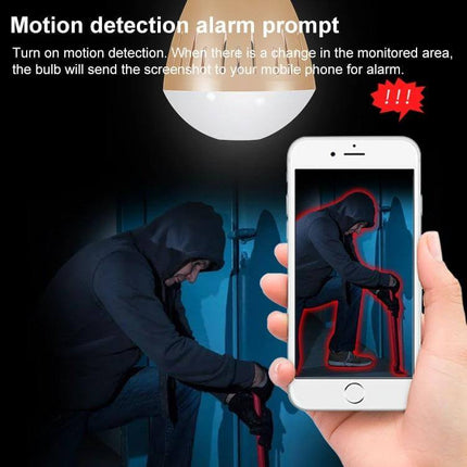Panoramic Light Bulb Camera for Home Security Monitoring showing motion detection alert on smartphone as hooded intruder is highlighted