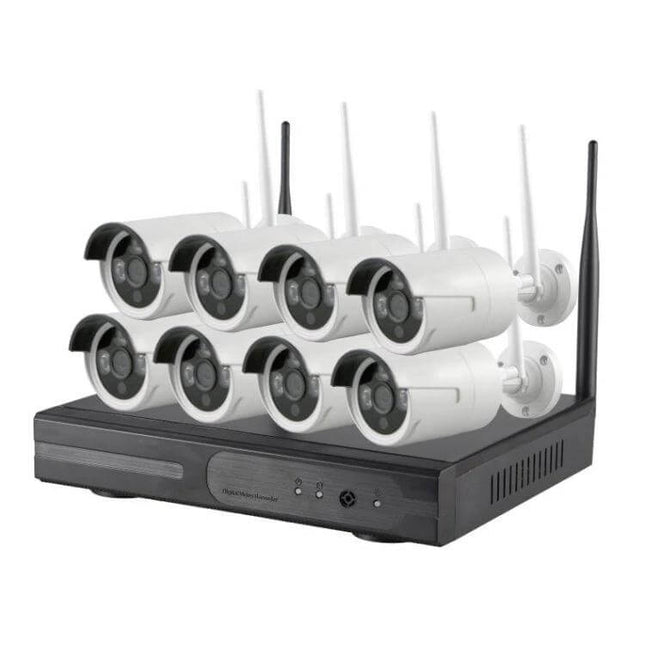 Wireless 8-Channel Security Camera System for Home Monitoring with 8 white wireless bullet cameras and DVR for remote viewing