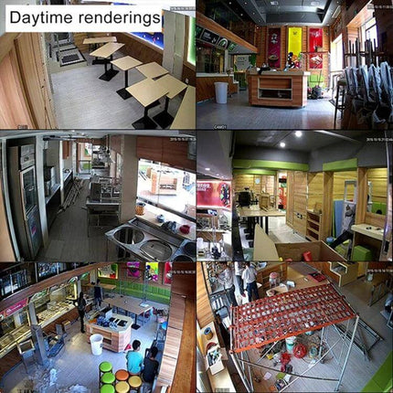 Wireless 8-Channel Security Camera System for Home Monitoring showing multi-view daytime surveillance of restaurant interiors and counters