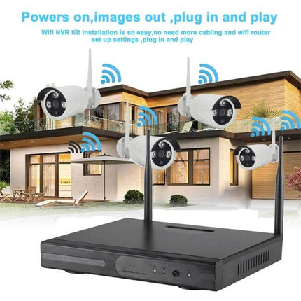 Wireless 8-Channel Security Camera System for Home Monitoring with DVR and four wireless cameras shown outside a modern house