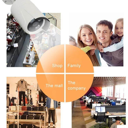 Wireless 8-Channel Security Camera System for Home Monitoring showing cameras, DVR, family, shop, mall and office surveillance