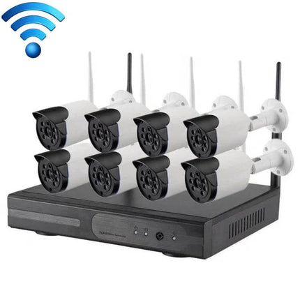 Wireless 8-Channel Security Camera Kit for Home Monitoring showing NVR and eight wireless IP cameras for easy home surveillance and remote app viewing