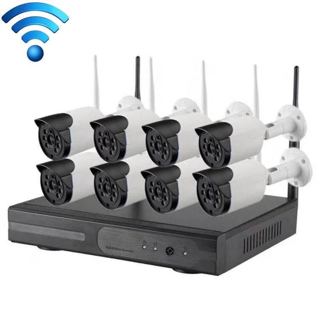 Wireless 8-Channel Security Camera Kit for Home Monitoring showing NVR and eight wireless IP cameras for easy home surveillance and remote app viewing