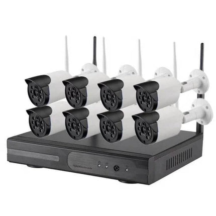 Wireless 8-Channel Security Camera Kit for Home Monitoring showing NVR and eight wireless IP bullet cameras for easy installation and remote viewing