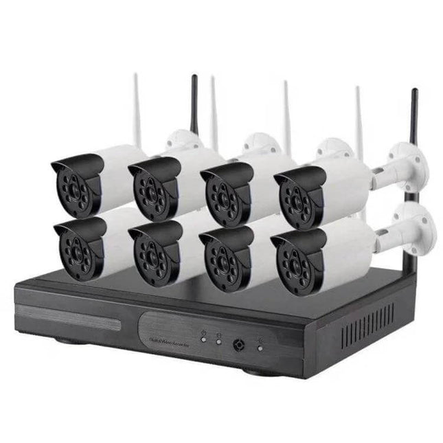 Wireless 8-Channel Security Camera Kit for Home Monitoring showing NVR and eight wireless IP bullet cameras for easy installation and remote viewing
