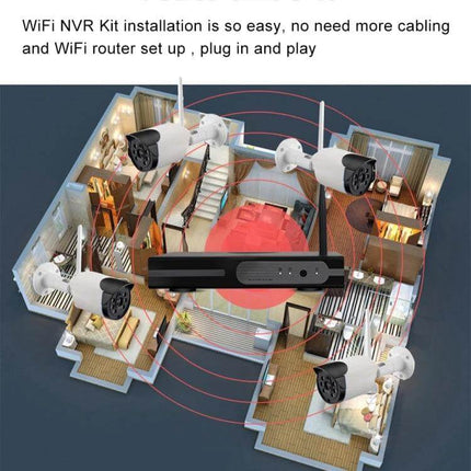 Wireless 8-Channel Security Camera Kit for Home Monitoring with NVR and four wireless IP cameras showing home floor plan