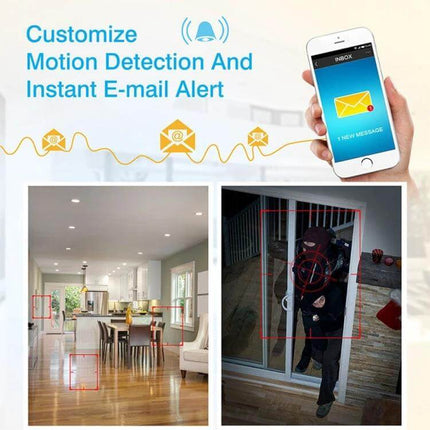 Wireless 8-Channel Security Camera Kit for Home Monitoring - mobile app motion detection and instant email alert showing intruder and monitored living room