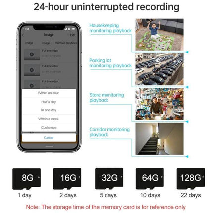 Solar Powered 4G Outdoor Security Camera with Night Vision showing 24-hour recording options, playback examples and memory card storage durations