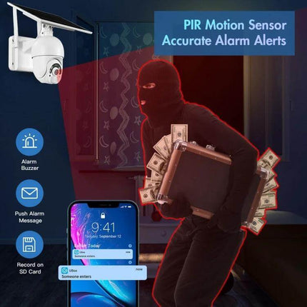 Solar Powered 4G Outdoor Security Camera with Night Vision monitoring burglar at night with PIR motion alerts and 4G push notifications
