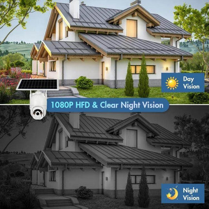 Solar Powered 4G Outdoor Security Camera with Night Vision monitoring a home day and night with solar panel and clear 1080P night vision