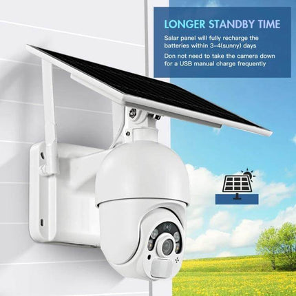 Solar Powered 4G Outdoor Security Camera with Night Vision wall-mounted solar panel and night-vision lens demonstrating longer standby time