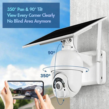 Solar Powered 4G Outdoor Security Camera with Night Vision showing solar panel, 350° pan and 90° tilt and mobile live view