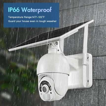 Solar Powered 4G Outdoor Security Camera with Night Vision mounted outdoors with solar panel in rain, IP66 waterproof, night vision and remote 4G surveillance