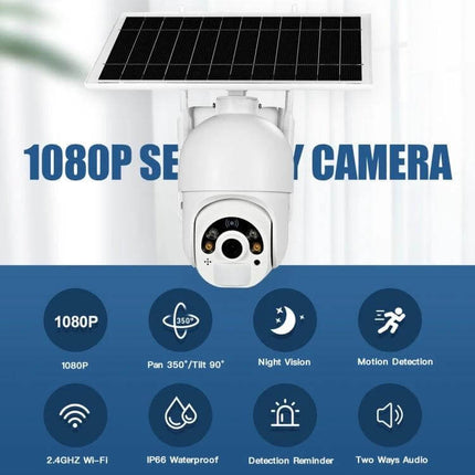 Solar Powered 4G Outdoor Security Camera with Night Vision mounted with solar panel, 1080P, night vision, motion detection and 2-way audio
