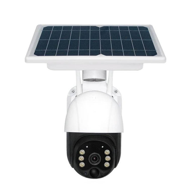 Outdoor Solar-Powered WiFi Security Camera with Night Vision mounted with solar panel, pan/tilt outdoor surveillance camera monitoring driveway and garden
