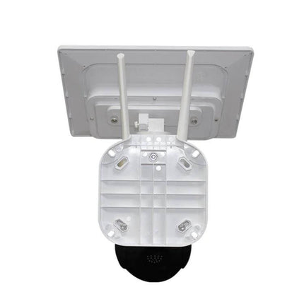 Outdoor Solar-Powered WiFi Security Camera with Night Vision mounted on solar panel showing dual antennas and pan-tilt dome for driveway monitoring
