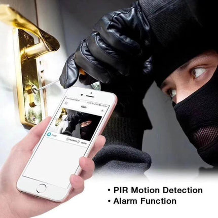 Outdoor Solar-Powered WiFi Security Camera with Night Vision monitoring a masked intruder at a door with mobile app alert