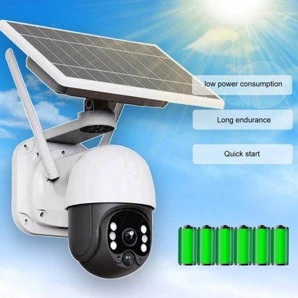Outdoor Solar-Powered WiFi Security Camera with Night Vision mounted with solar panel showing night vision LEDs and long endurance batteries