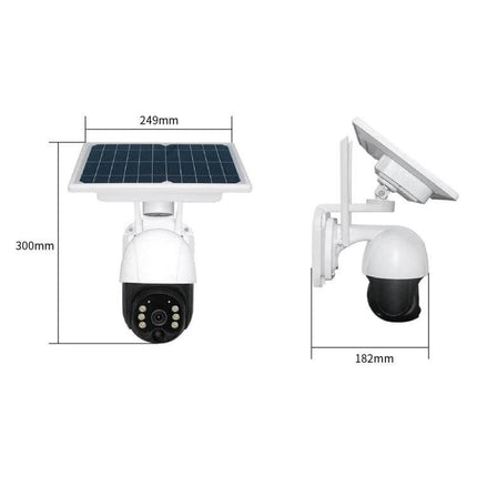 Outdoor Solar Powered WiFi Security Camera with Night Vision mounted with solar panel, front and side views with dimensions 249x300x182mm