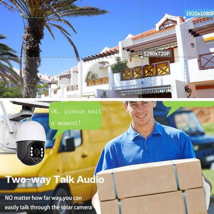 Outdoor Solar Powered WiFi Security Camera with Night Vision mounted overlooking a home entrance showing two-way talk and high-resolution coverage