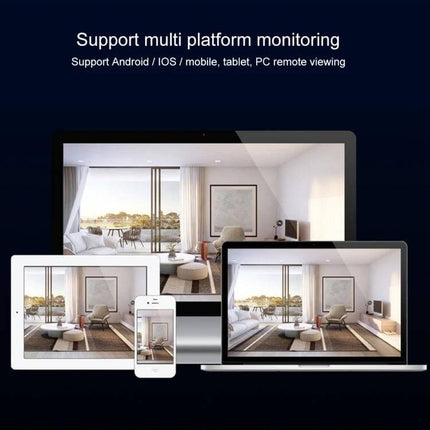 Outdoor Solar Powered WiFi Security Camera with Night Vision showing multi-platform remote viewing on phone, tablet, laptop and desktop for home monitoring